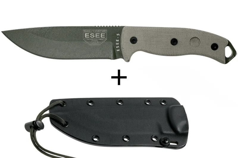 Couteau Esee 5 ESEE-5P-OD-E lame acier carbone vert 13,7cm manche micarta gris + étui
