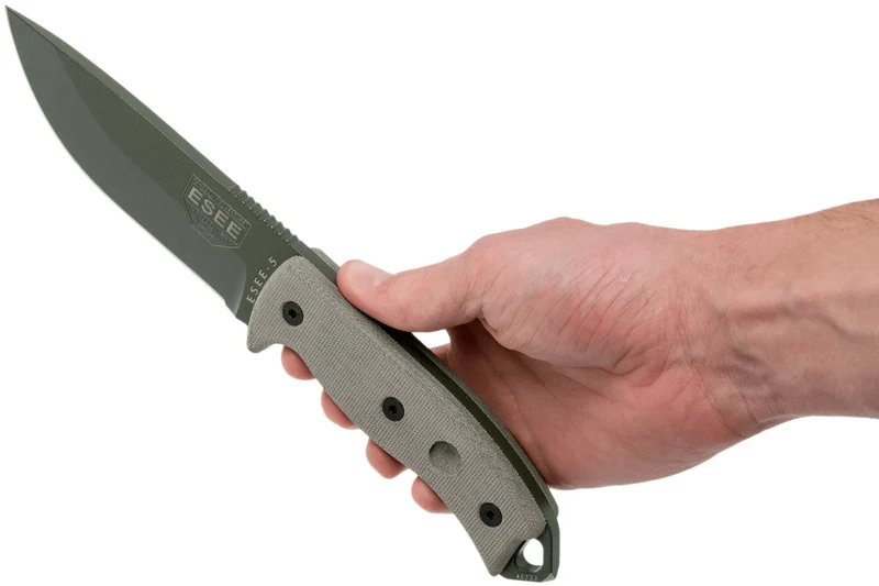 Couteau Esee 5 ESEE-5P-OD-E lame acier carbone vert 13,7cm manche micarta gris + étui