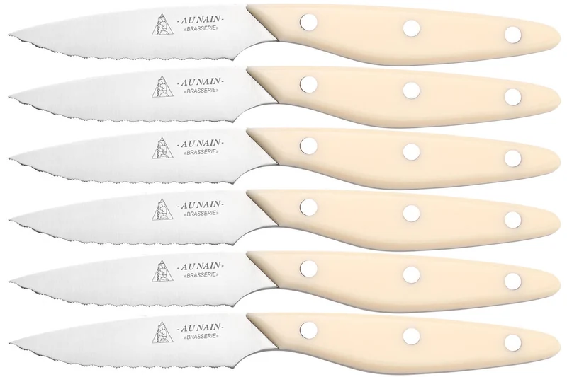 Coffret 6 couteaux à steak Au Nain Brasserie ivoire microdentés