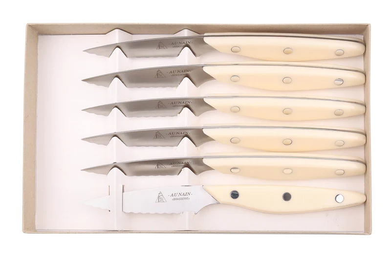 Coffret 6 couteaux à steak Au Nain Brasserie ivoire microdentés