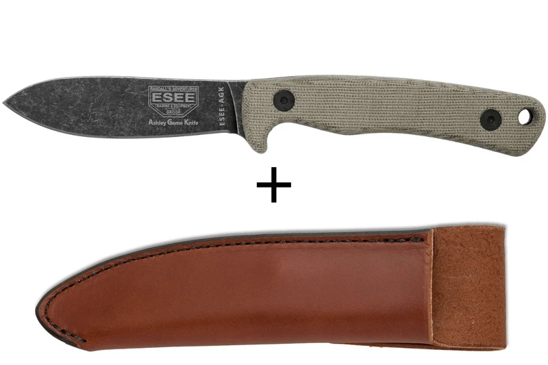 Couteau Esee Ashley Game ESEE-AGK lame acier carbone noir 9,1cm manche micarta gris + étui cuir