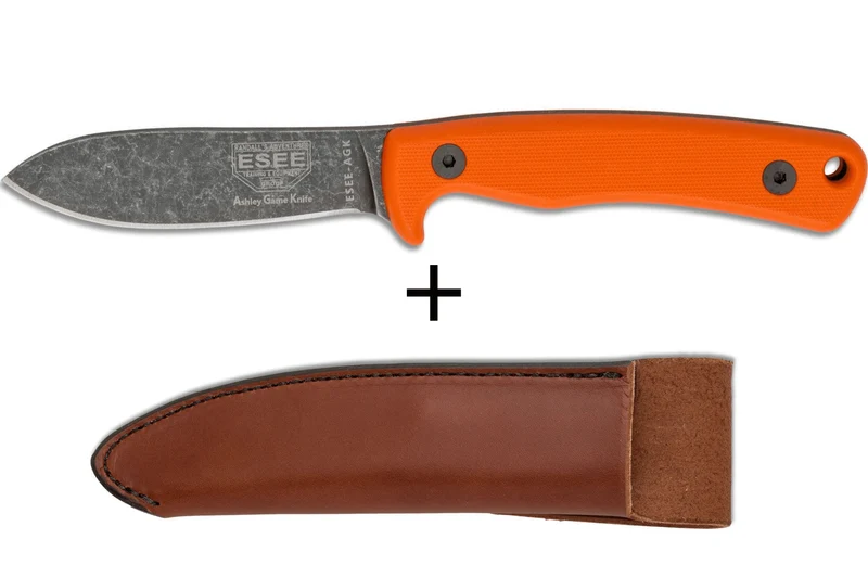 Couteau Esee Ashley Game ESEE-AGK-OR lame acier carbone noir 9,1cm manche G10 orange + étui cuir