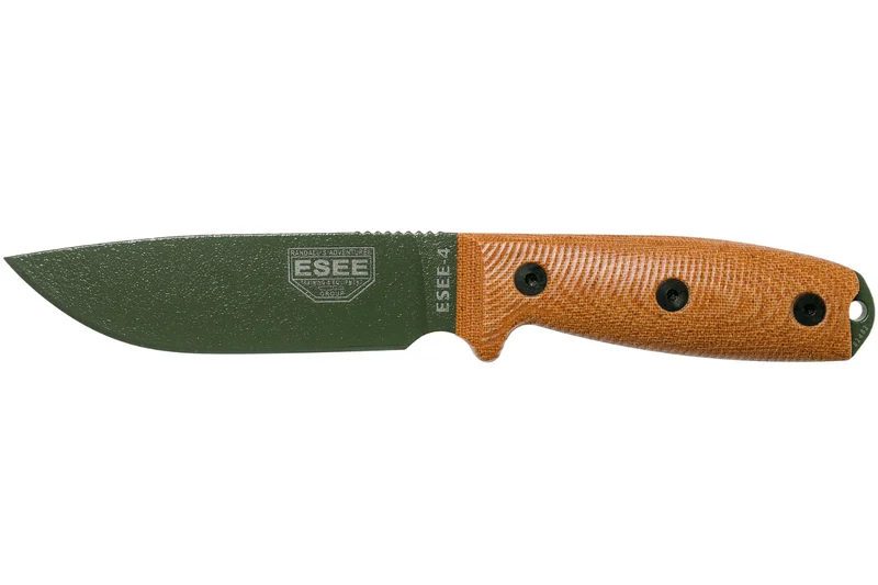 Couteau Esee 4 4POD-011 lame acier carbone vert 11,6cm manche micarta marron + étui