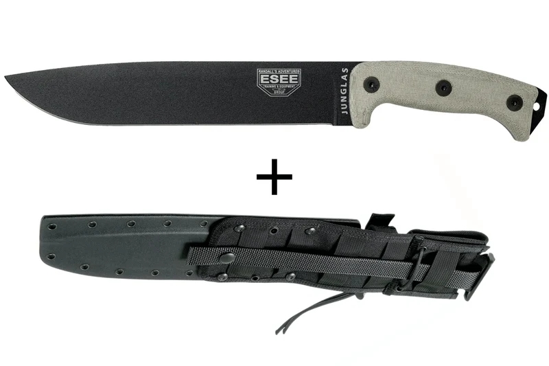 Machette Esee Junglas JUNGLAS-E lame acier carbone noir 26,5cm manche micarta gris + étui