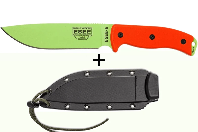 Couteau Esee 6 ESEE-6P-VG lame carbone venom green 16,5cm manche G10 orange + étui