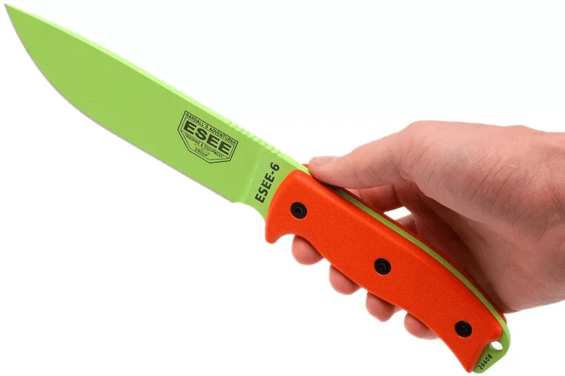 Couteau Esee 6 ESEE-6P-VG lame carbone venom green 16,5cm manche G10 orange + étui