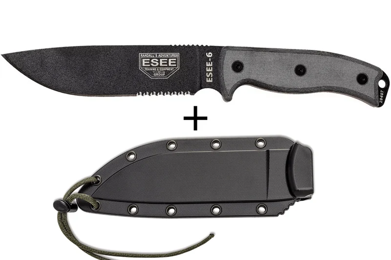 Couteau Esee 6 ESEE-6S-B lame semi-dentée acier carbone noir 16,5cm manche micarta gris + étui