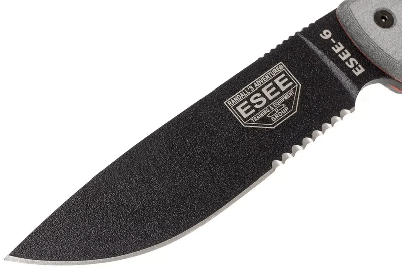 Couteau Esee 6 ESEE-6S-B lame semi-dentée acier carbone noir 16,5cm manche micarta gris + étui