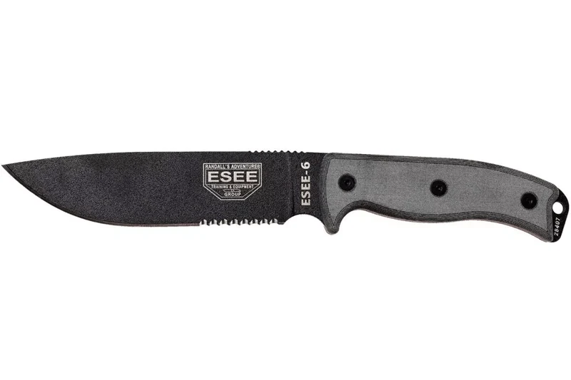 Couteau Esee 6 ESEE-6S-B lame semi-dentée acier carbone noir 16,5cm manche micarta gris + étui