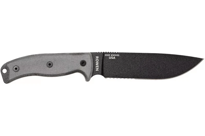 Couteau Esee 6 ESEE-6S-B lame semi-dentée acier carbone noir 16,5cm manche micarta gris + étui