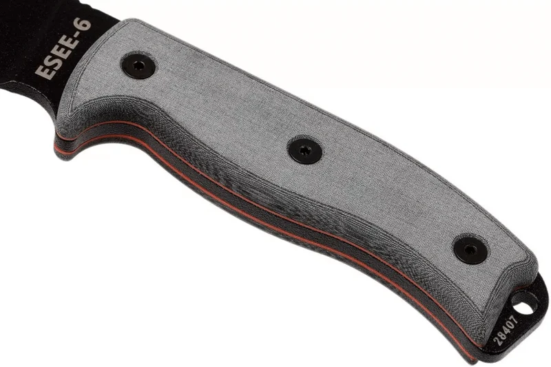 Couteau Esee 6 ESEE-6S-B lame semi-dentée acier carbone noir 16,5cm manche micarta gris + étui