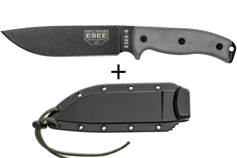 Couteau Esee 6 ESEE-6P-B lame acier carbone noir 16,5cm manche micarta gris + étui