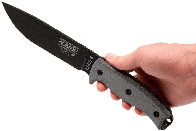 Couteau Esee 6 ESEE-6P-B lame acier carbone noir 16,5cm manche micarta gris + étui