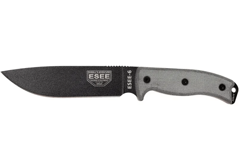 Couteau Esee 6 ESEE-6P-B lame acier carbone noir 16,5cm manche micarta gris + étui