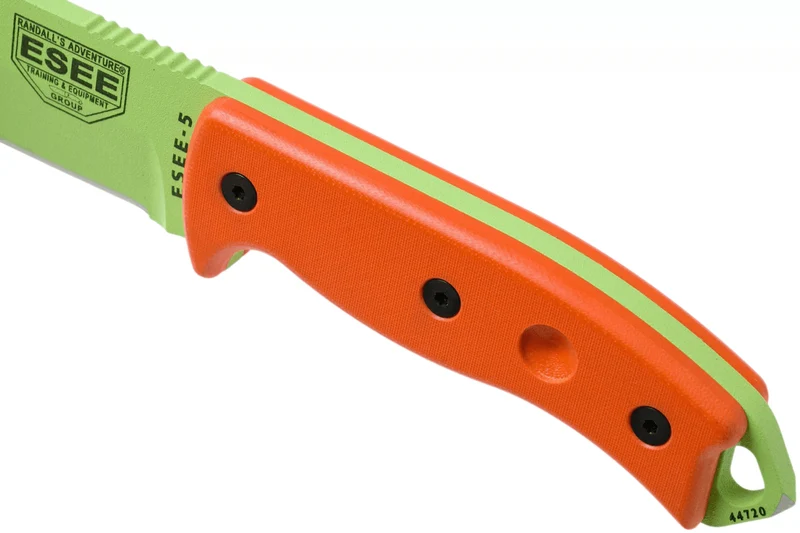 Couteau Esee 5 ESEE-5P-VG-E lame acier carbone venom green 13,7cm manche G10 orange + étui
