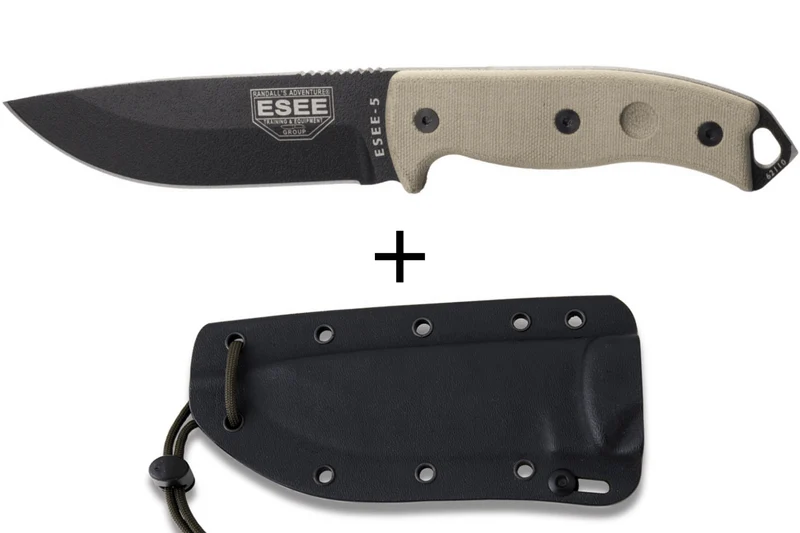 Couteau Esee 5 ESEE-5P-E lame acier carbone noir 13,7cm manche micarta gris + étui