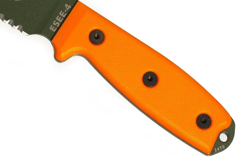 Couteau Esee 4 ESEE-4S-OD lame semi-dentée acier carbone vert 11,6cm manche G10 orange + étui