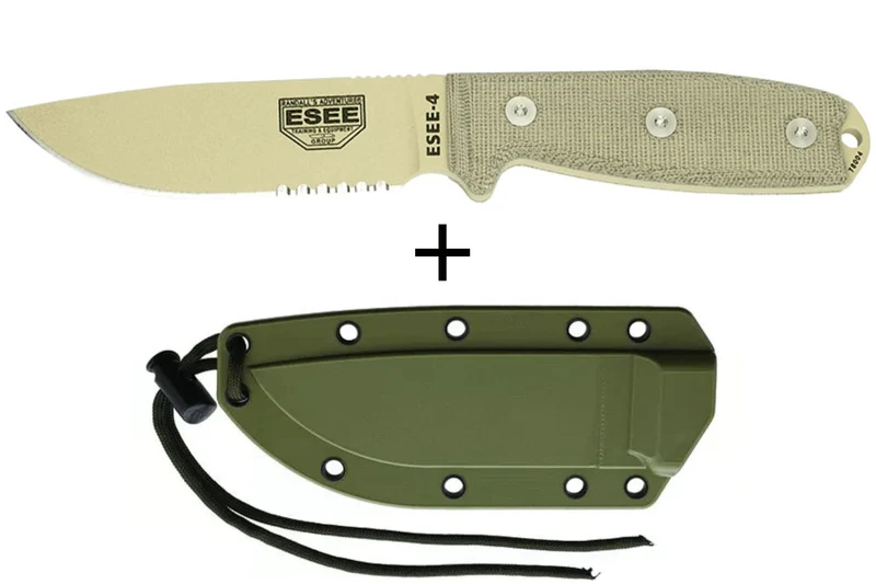 Couteau Esee 4 ESEE-4S-DT lame semi-dentée acier carbone désert 11,6cm manche micarta gris + étui
