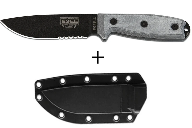 Couteau Esee 4 ESEE-4S-B lame semi-dentée acier carbone noir 11,6cm manche micarta gris + étui