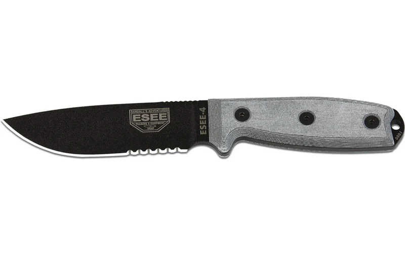 Couteau Esee 4 ESEE-4S-B lame semi-dentée acier carbone noir 11,6cm manche micarta gris + étui