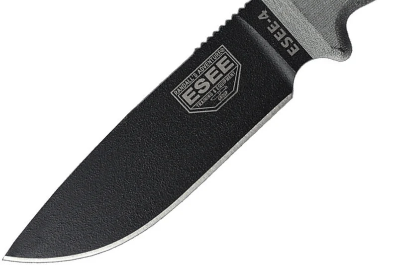 Couteau Esee 4 ESEE-4P-B lame acier carbone noir 11,6cm manche micarta gris + étui