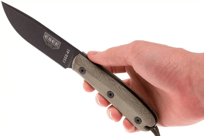 Couteau Esee 4 ESEE-4HM-B lame acier carbone noir 11,1cm manche micarta gris + étui cuir