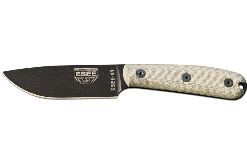 Couteau Esee 4 ESEE-4HM-B lame acier carbone noir 11,1cm manche micarta gris + étui cuir