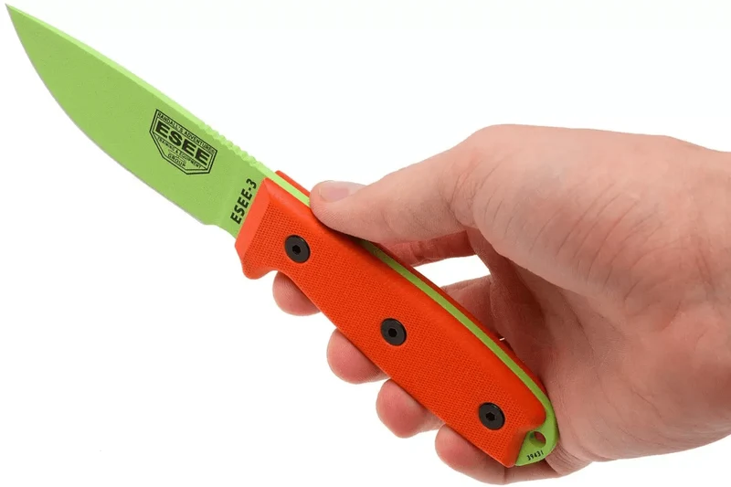 Couteau Esee 3 ESEE-3PM-VG lame acier carbone venom green 8,8cm manche G10 orange + étui