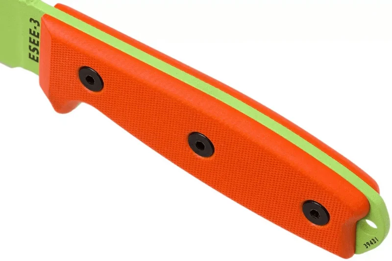 Couteau Esee 3 ESEE-3PM-VG lame acier carbone venom green 8,8cm manche G10 orange + étui