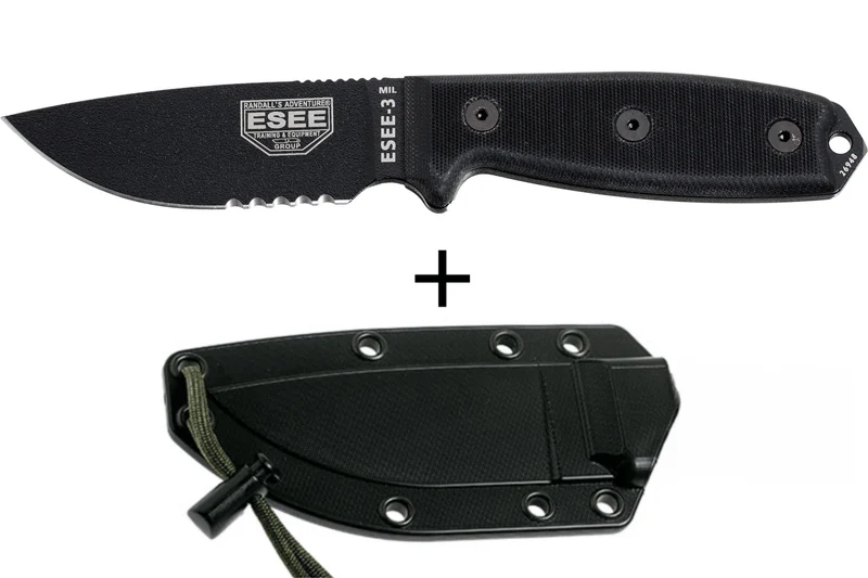 Couteau Esee 3 ESEE-3MIL-S-BLK lame semi-dentée acier carbone 8,8cm manche G10 noir + étui