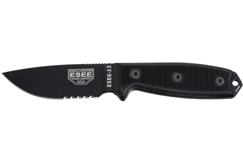 Couteau Esee 3 ESEE-3MIL-S-BLK lame semi-dentée acier carbone 8,8cm manche G10 noir + étui