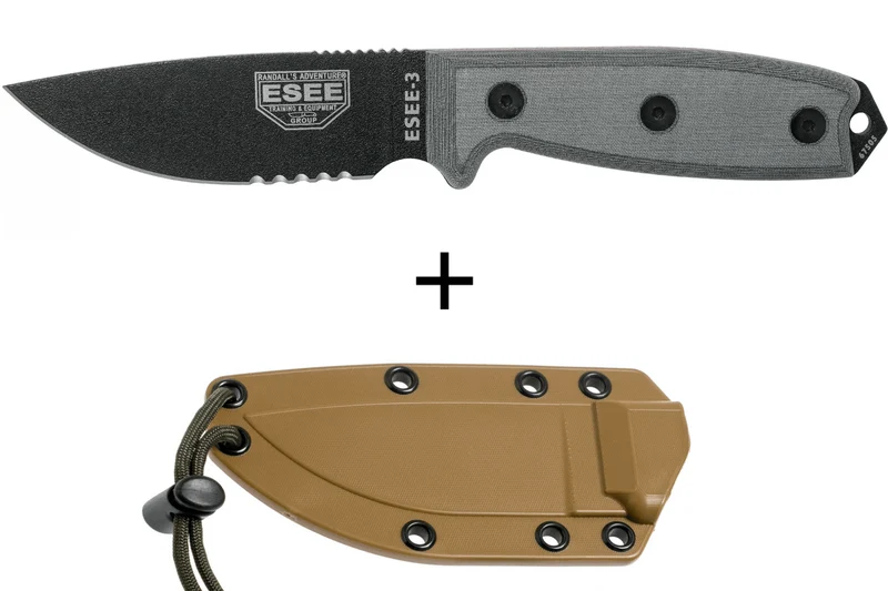 Couteau Esee 3 ESEE-3S-MB lame semi-dentée acier carbone noir 8,8cm manche micarta gris + étui marron