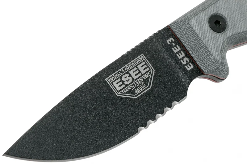 Couteau Esee 3 ESEE-3S-MB lame semi-dentée acier carbone noir 8,8cm manche micarta gris + étui marron