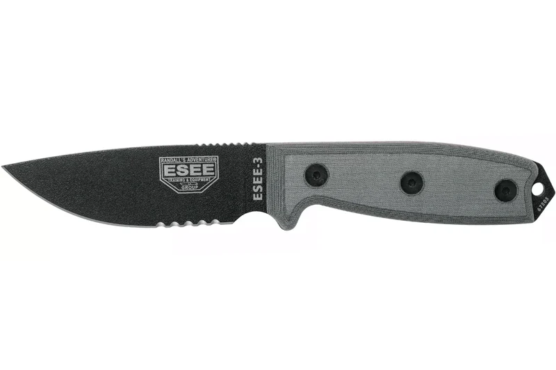 Couteau Esee 3 ESEE-3S-MB lame semi-dentée acier carbone noir 8,8cm manche micarta gris + étui marron