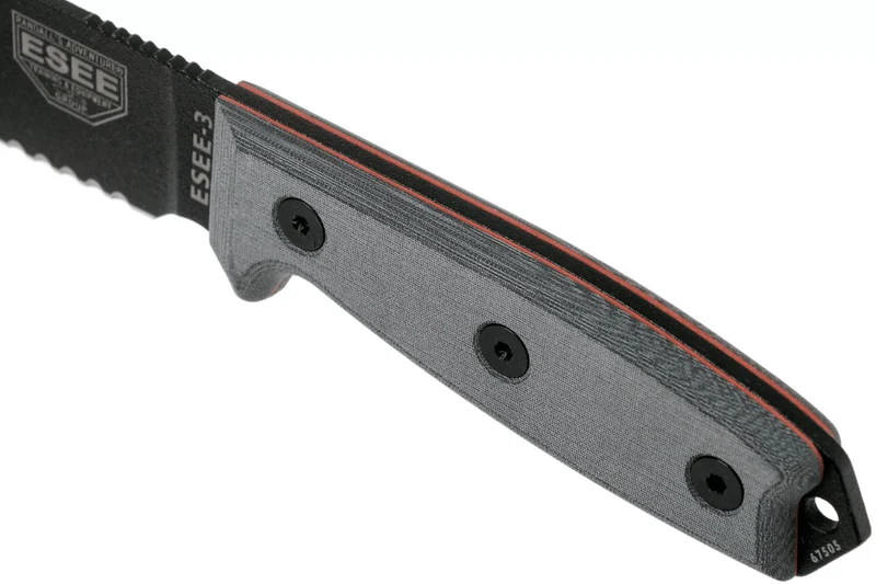Couteau Esee 3 ESEE-3S-MB lame semi-dentée acier carbone noir 8,8cm manche micarta gris + étui marron