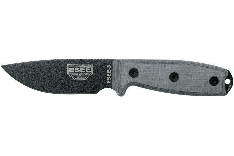 Couteau Esee 3 ESEE-3P-MB lame acier carbone noir 8,8cm manche micarta gris + étui marron