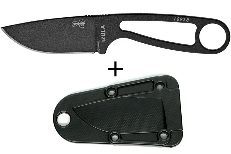 Couteau de cou Esee Izula IZULA-B lame acier carbone 6,2cm manche ajouré acier noir + étui