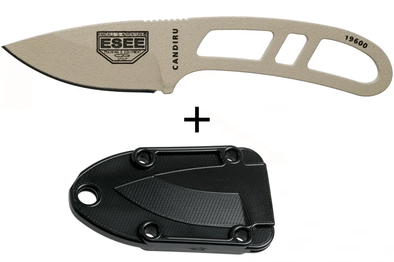 Couteau de cou Esee Candiru CAN-DT-E lame acier carbone 5,1cm manche ajouré en acier désert + étui