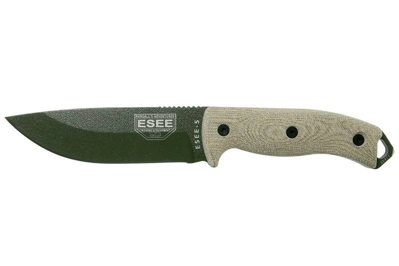 Couteau Esee 5 5POD-017 lame acier carbone 13,2cm manche micarta vert clair + étui