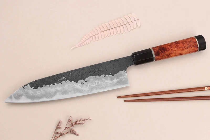 Couteau de chef 21cm japonais artisanal Kisuke Manaka Enn en cognassier avec 2 anneaux SECONDE VIE