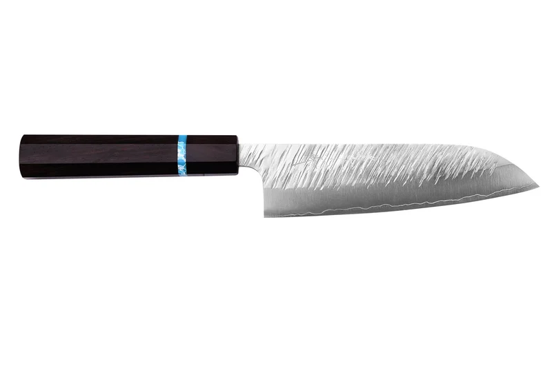 Couteau santoku japonais artisanal Yu Kurosaki Fujin 16,5cm SG2 turquoise