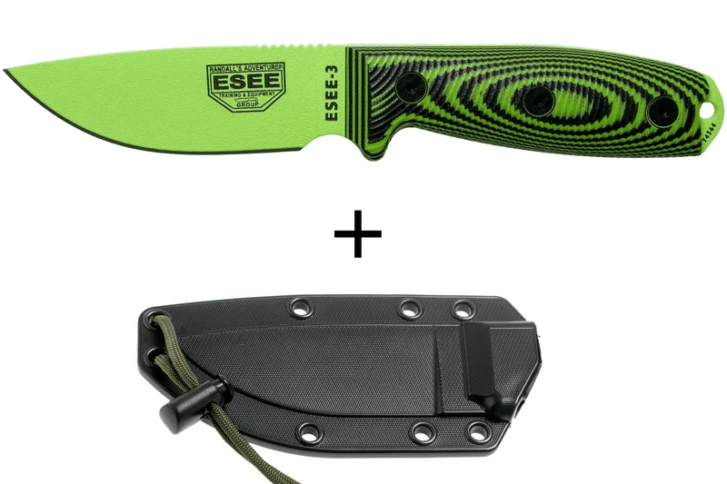Couteau Esee 3 3PMVG-007 lame acier carbone 8,8cm manche G10 noir et vert venom + étui