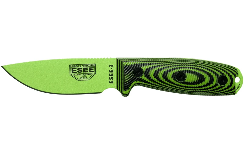 Couteau Esee 3 3PMVG-007 lame acier carbone 8,8cm manche G10 noir et vert venom + étui