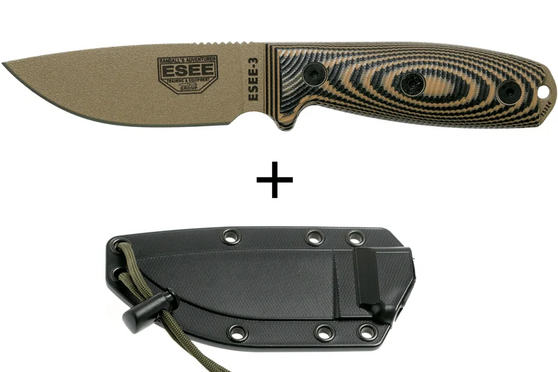 Couteau Esee 3 3PMDE-005 lame acier carbone 8,8cm manche G10 coyote et noir + étui
