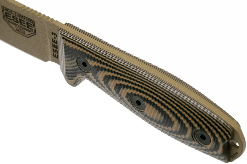 Couteau Esee 3 3PMDE-005 lame acier carbone 8,8cm manche G10 coyote et noir + étui