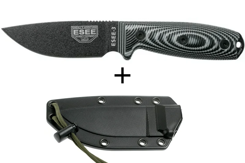 Couteau Esee 3 3PMB-002 lame acier carbone 8,8cm manche G10 gris et noir + étui