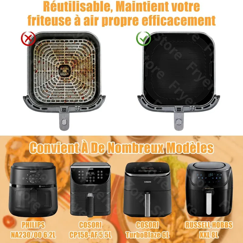 Moule Silicone Air Fryer Réutilisable Carré 23 cm pour 62L