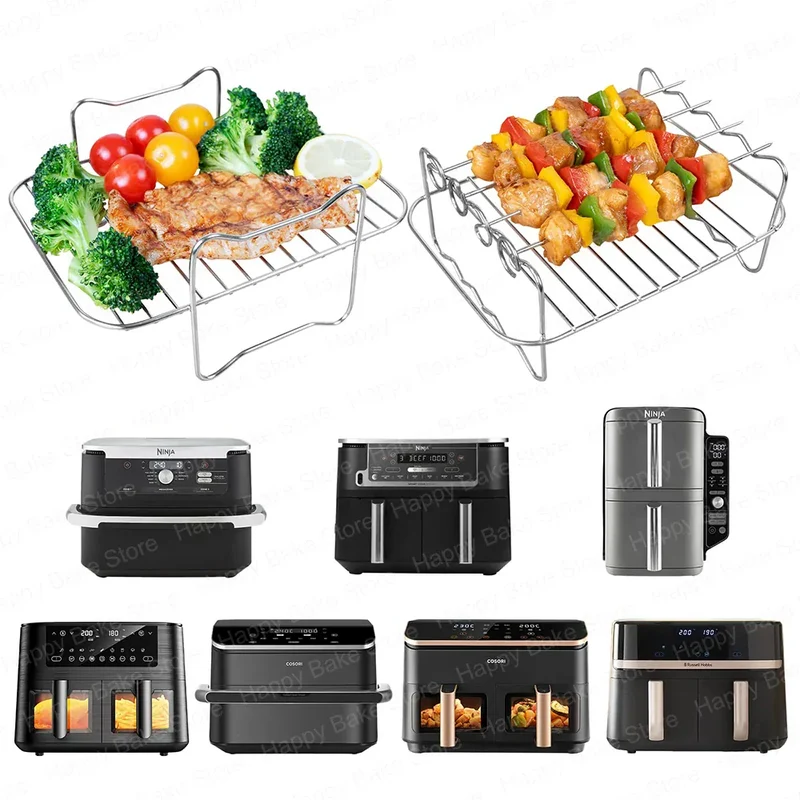 Grille Inox Air Fryer Lot de 2 Grilles et 4 Brochettes Ajustables