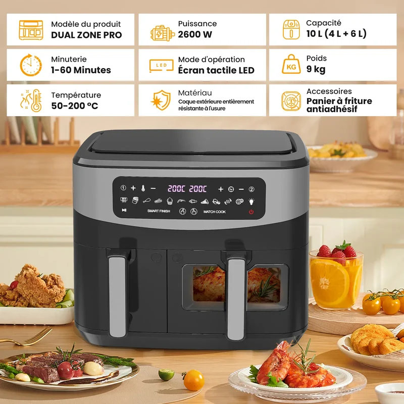 Air Fryer Double Panier 10L 2600W avec Hublot Visible
