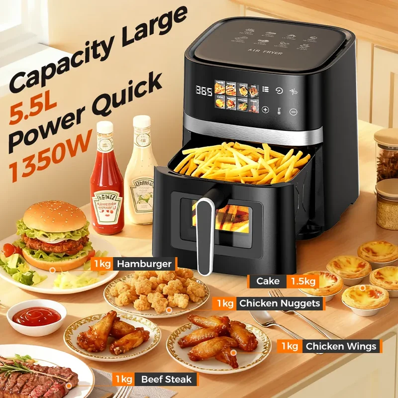 Friteuse Sans Huile 5,5L Écran Tactile 8 Programmes Hublot Visible
